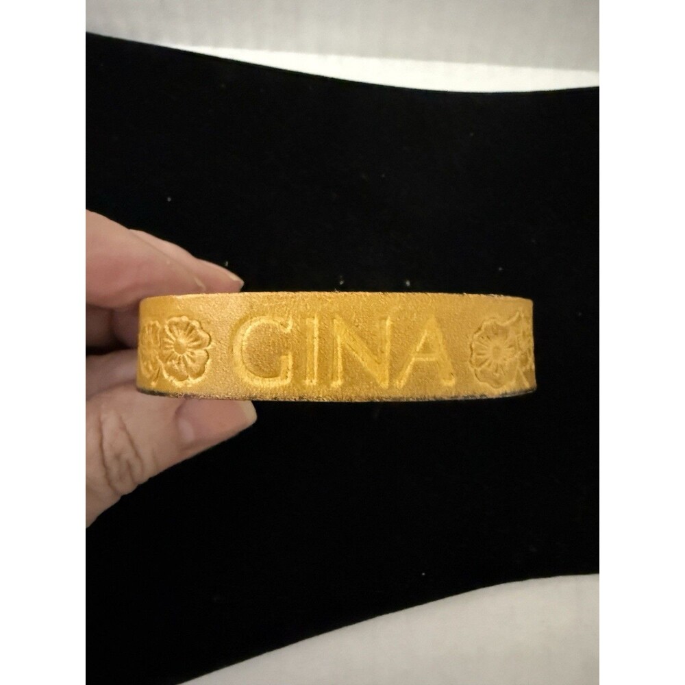 Vintage Genuine Leather Name Bracelet "Gina" 1970's Adjustable Snap 8" end-end